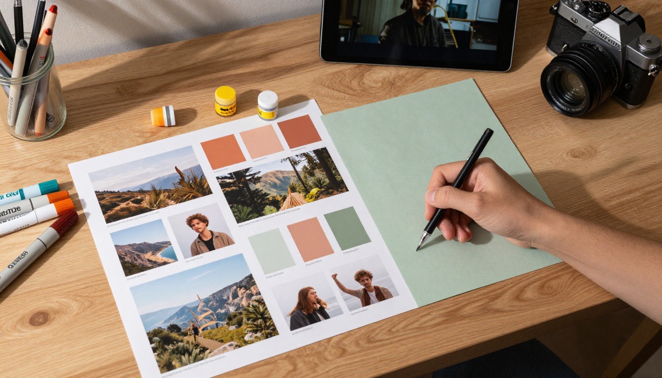 Creative workspace flat-lay with mood boards, color swatches, and a tablet showing video frames