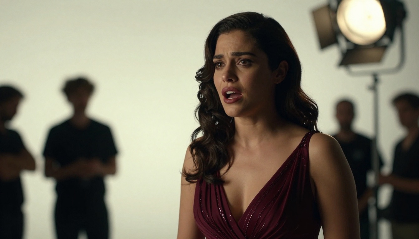 Actress delivering emotional monologue on cinematic stage set, three-point lighting, ARRI Alexa Mini LF