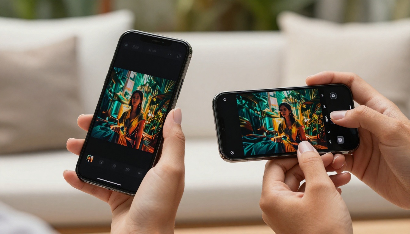 Two smartphones side by side displaying AI-generated video frames for comparison Two smartphones side by side displaying AI-generated video frames for comparison