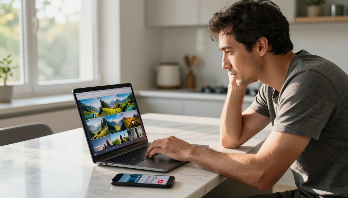 Man reviewing a grid of AI-generated video previews on his laptop at a kitchen island