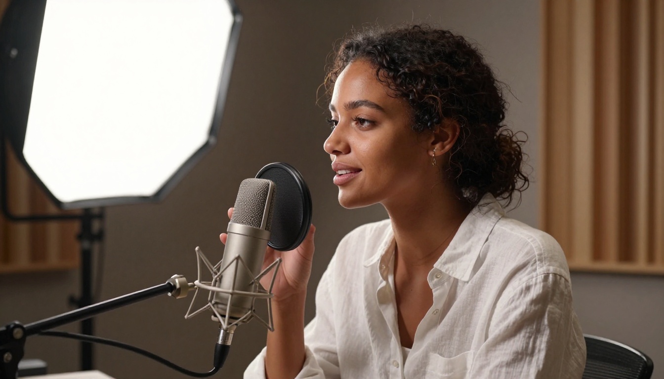 Side profile portrait of woman speaking into condenser microphone in recording studio, warm side lighting, Kodak Portra 800