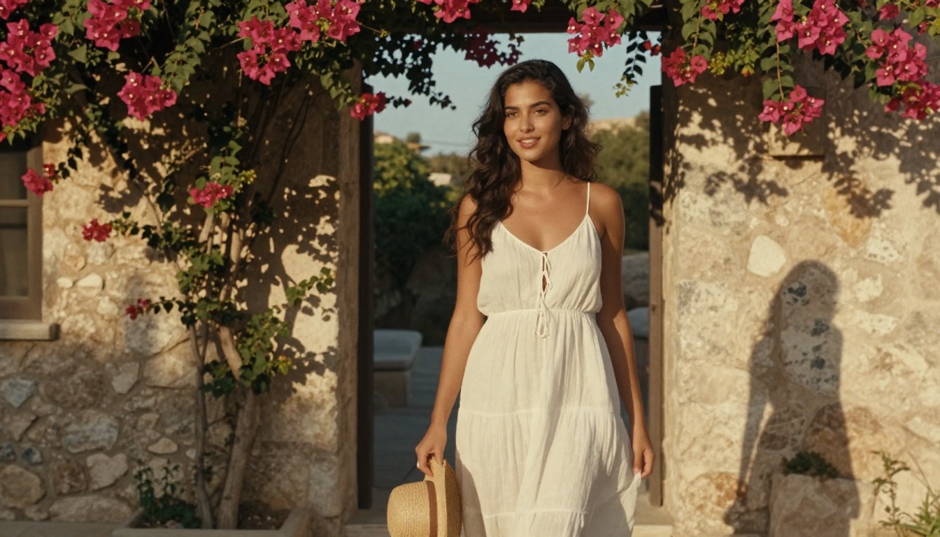 A beautifully generated AI image of a woman in a Mediterranean courtyard, demonstrating high-quality photorealistic output