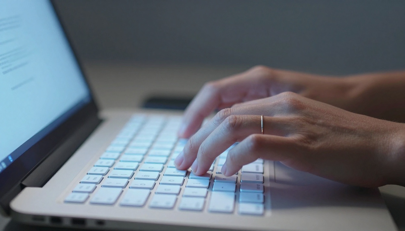 Close-up of hands typing on a glowing laptop keyboard with cool screen light illuminating skin