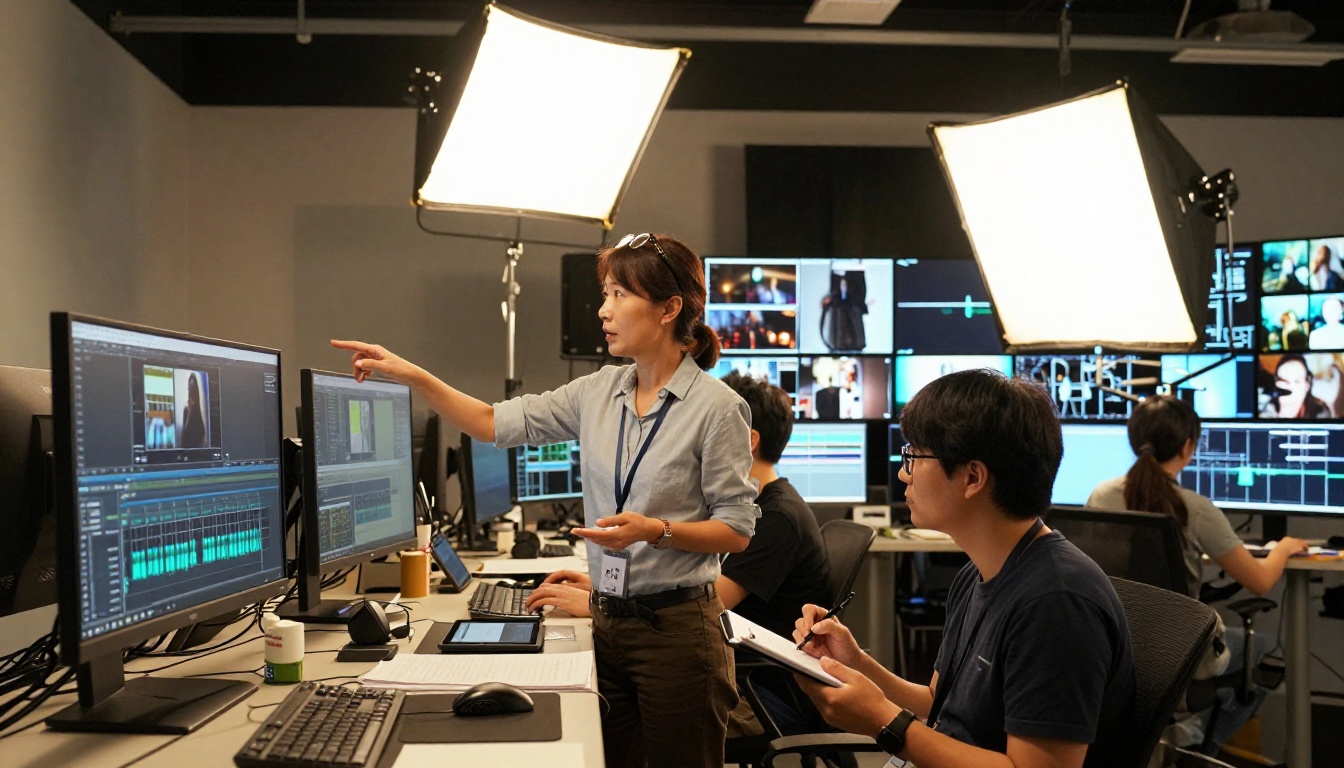 Film production team working on cinematic project in studio, professional equipment, documentary style