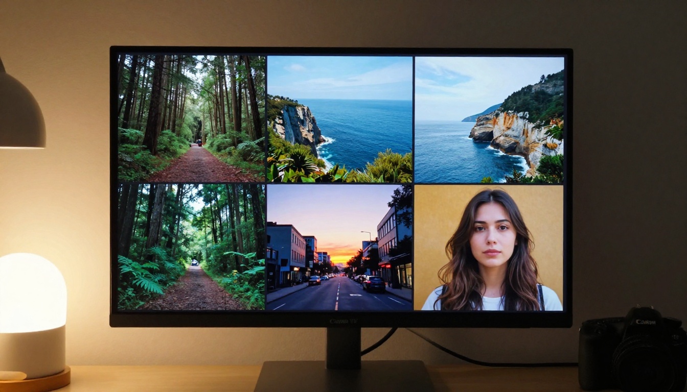A grid of diverse AI-generated images displayed on a desktop monitor showing various scenes