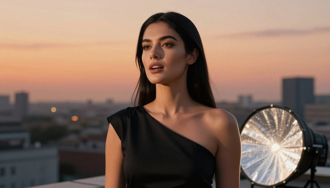 Low-angle dramatic portrait of woman speaking at rooftop golden hour, Sony A1, Kodak Ektar 100, photorealistic Low-angle dramatic portrait of woman speaking at rooftop golden hour, Sony A1, Kodak Ektar 100, photorealistic