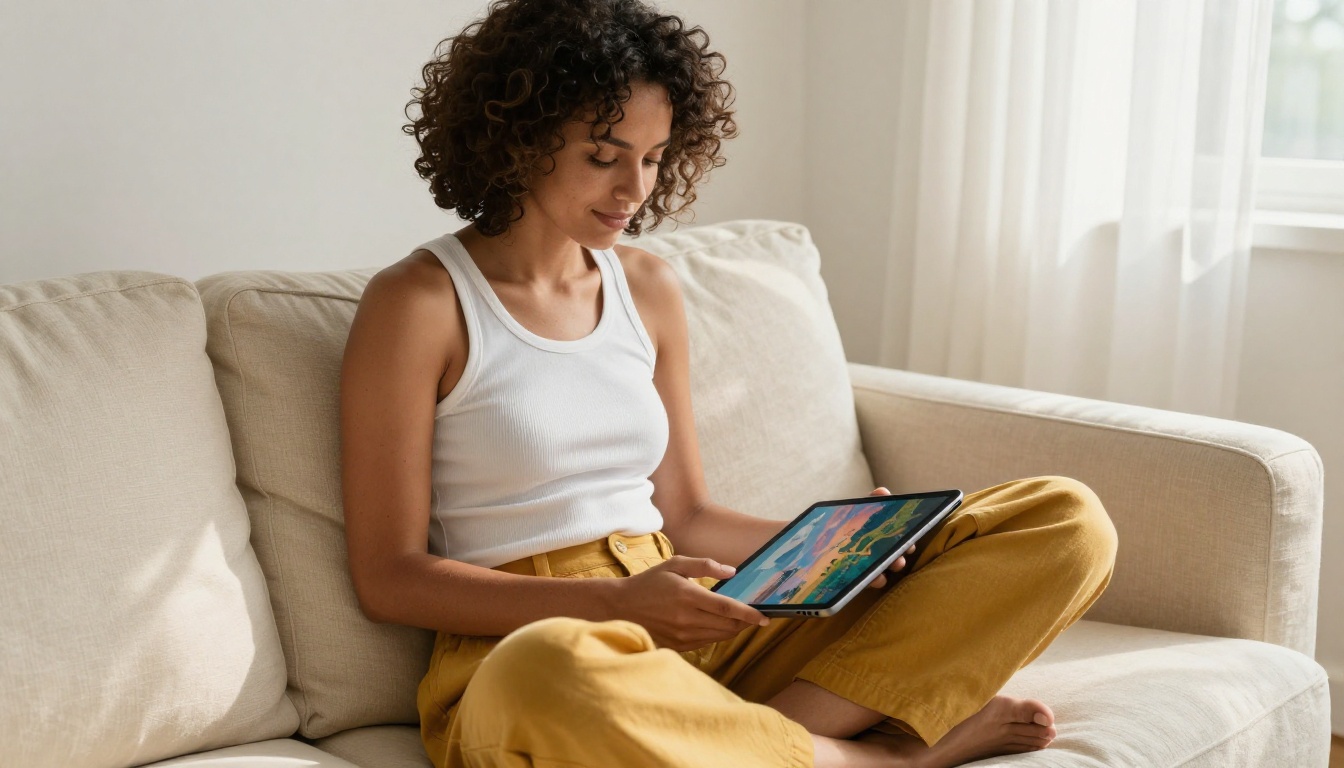 Woman sitting comfortably on a couch reviewing AI-generated images on a tablet