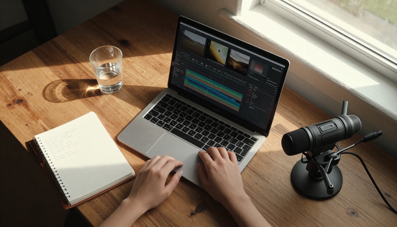 Aerial bird's eye view of filmmaker's creative desk with editing timeline, microphone, notebook, Kodak Portra 160