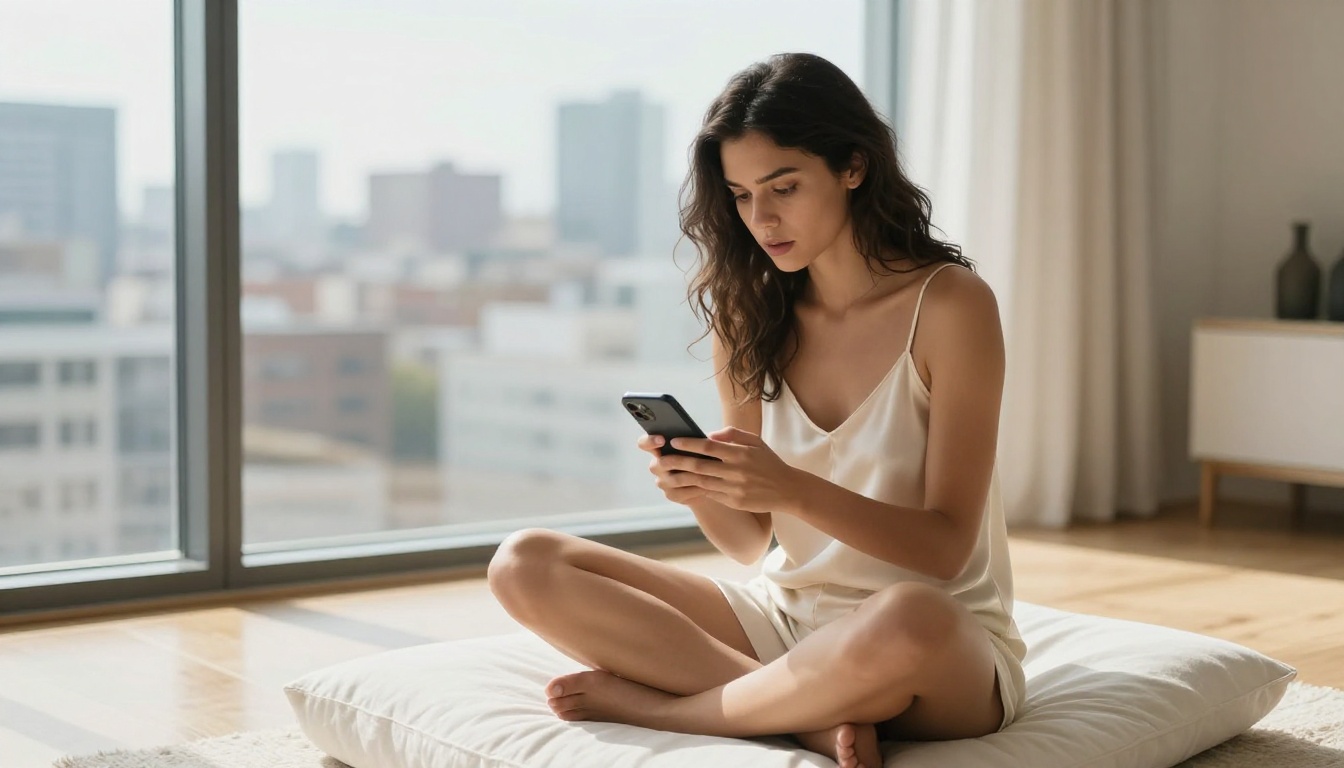 A woman sits focused on her smartphone in a sun-filled modern apartment, exploring AI image generation tools