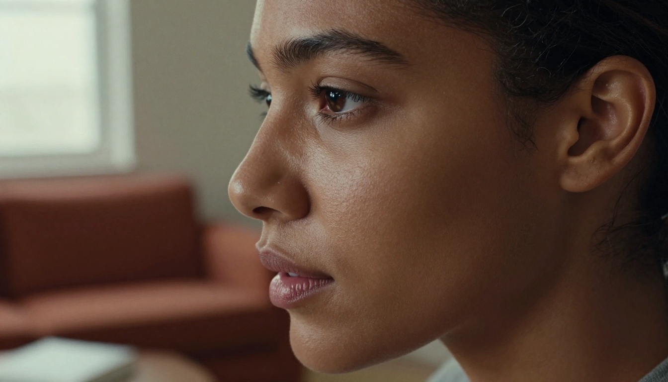 Artistic close-up portrait of a woman with deep brown skin and dramatic natural side lighting