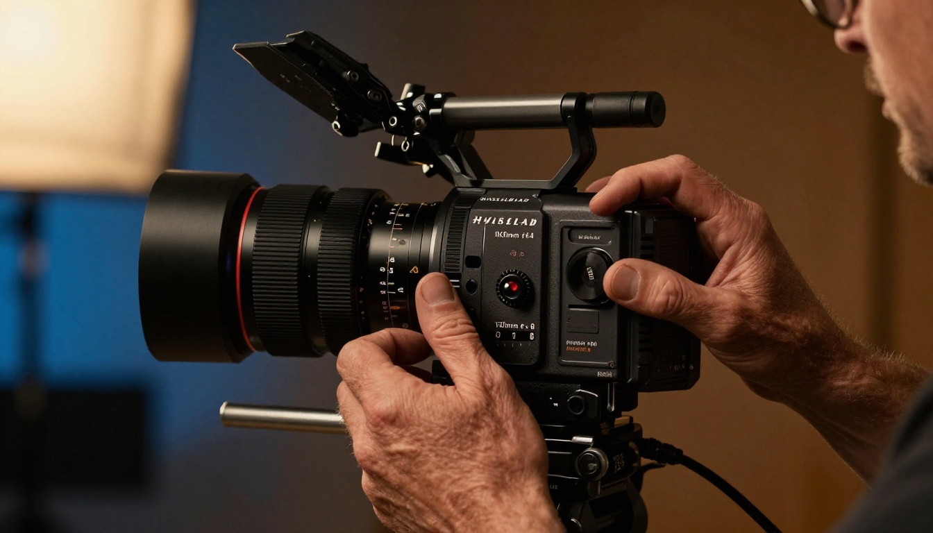 Close-up of cinematographer's hands on cinema camera focus wheel, Cooke anamorphic lens, warm tungsten light, Hasselblad 8K Close-up of cinematographer's hands on cinema camera focus wheel, Cooke anamorphic lens, warm tungsten light, Hasselblad 8K