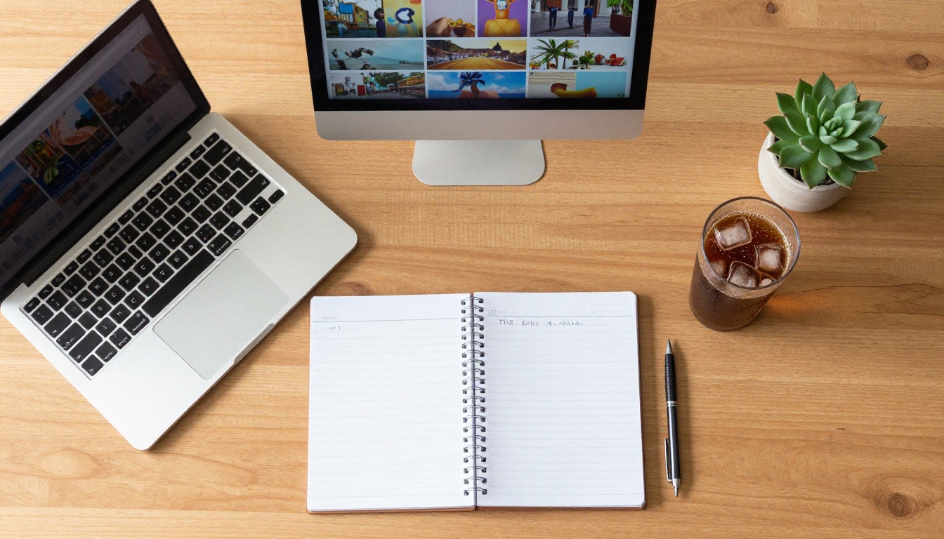 Aerial flat-lay view of a creative workspace with laptop, notebook, and coffee for AI image work
