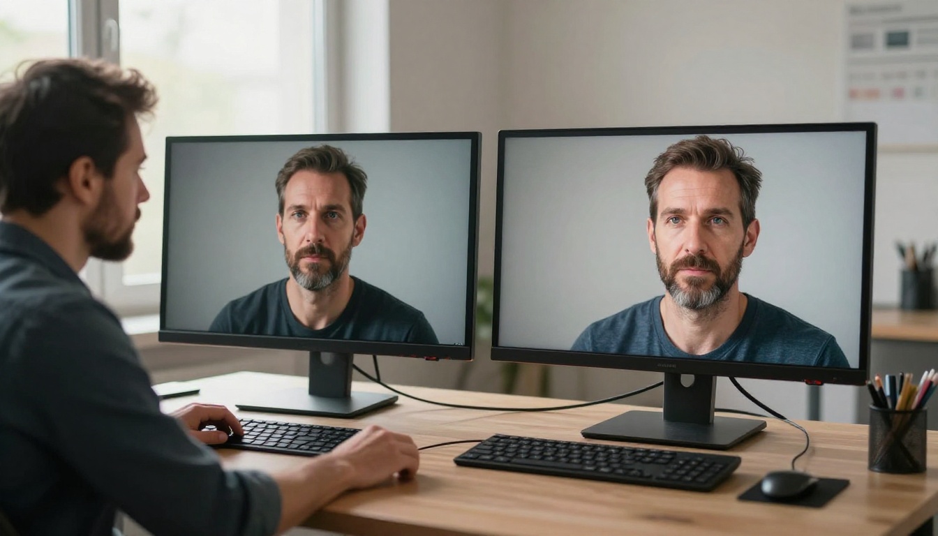 Comparison of two AI-generated images on dual monitors showing the difference between a vague and a detailed prompt result