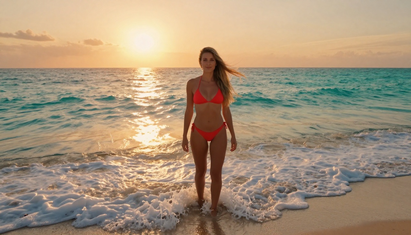 A confident woman in a coral bikini at a tropical shoreline at golden hour, illustrating the cinematic photorealistic quality achievable with modern AI image generation