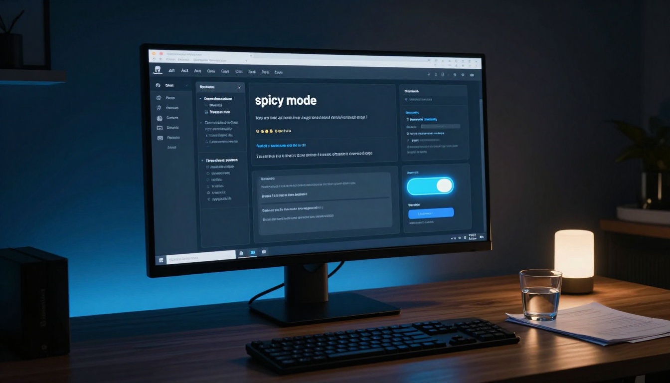 A dark-themed AI interface on an ultrawide monitor in a dimly lit home office, showing content setting controls for an image generation platform