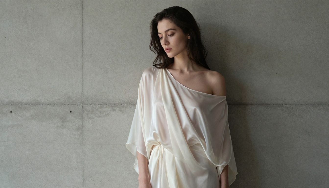 A woman in a sheer ivory silk robe poses artistically against a concrete wall, representing the fine art editorial photography style achievable with advanced AI generation