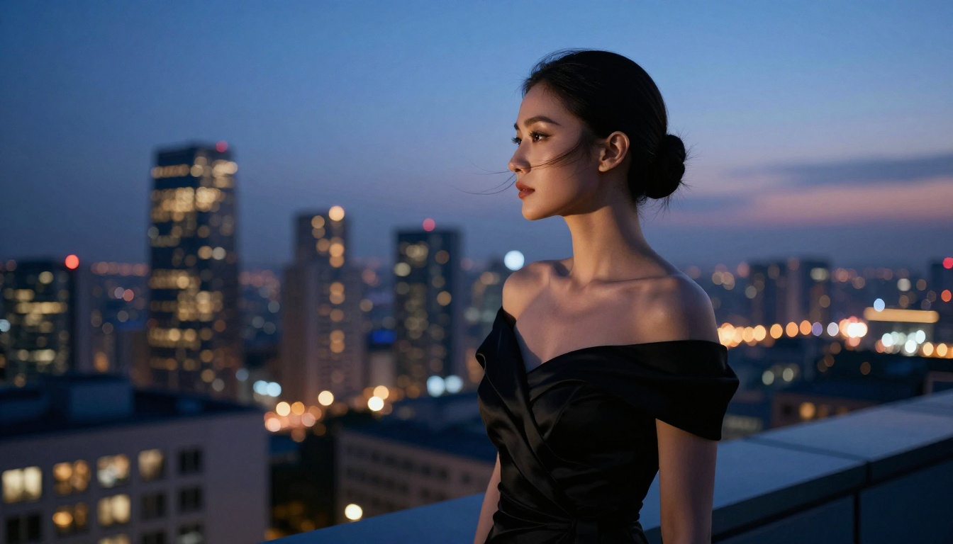 An elegant woman in a black evening dress posed on a rooftop terrace at blue hour, the city lights glowing softly behind her, representing the cinematic photographic quality of advanced AI image generators