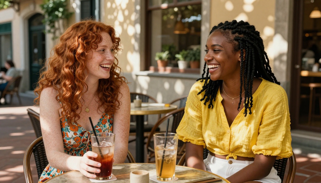 Two women laughing together at a sunny outdoor cafe terrace, showcasing the vibrant and authentic photorealistic quality achievable with modern AI image generators