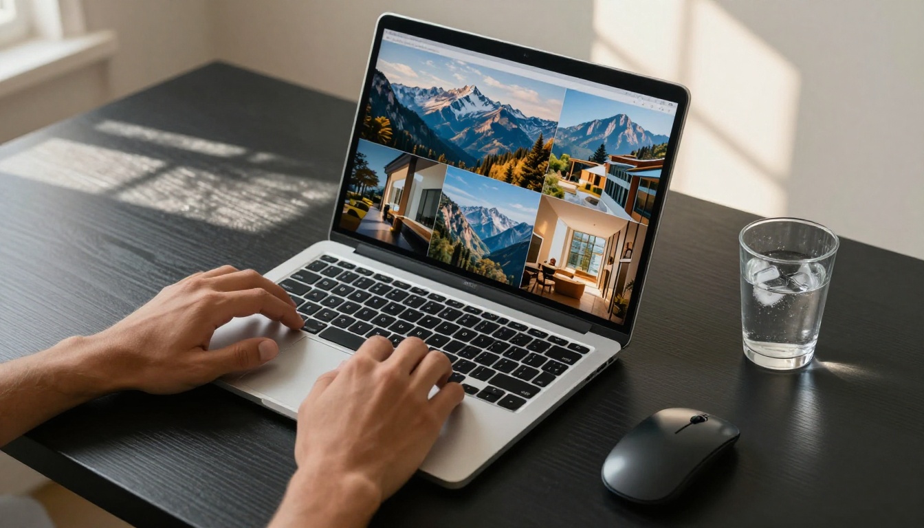 AI image generation in 2026 - overhead view of laptop displaying a grid of photorealistic AI-generated images