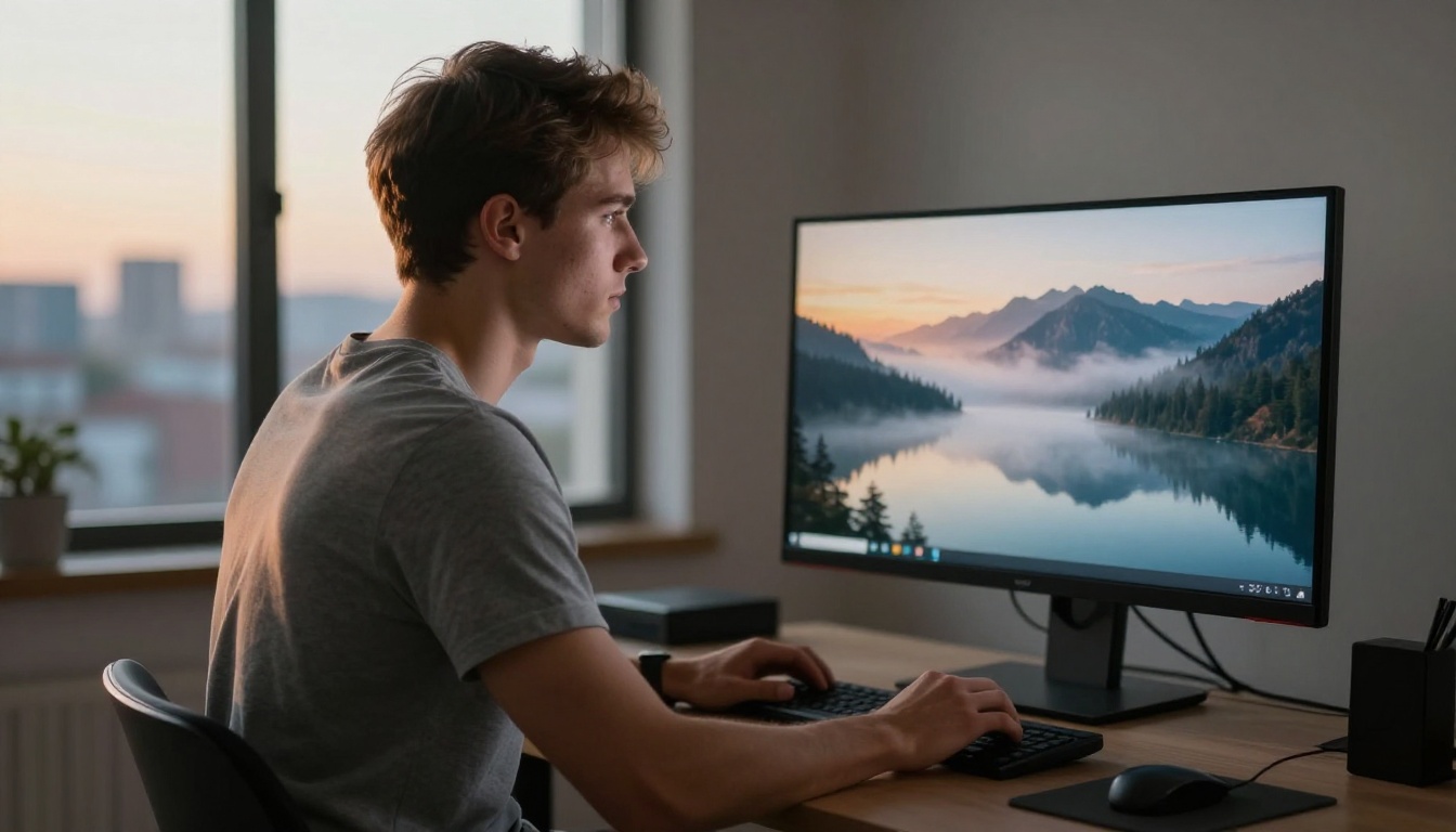 Man in a minimalist home studio examining a photorealistic AI-generated mountain lake scene on a large monitor