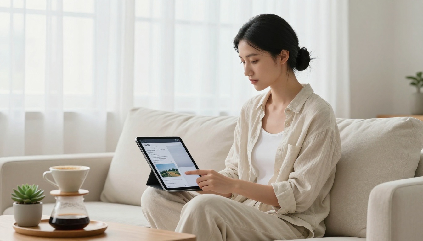 Woman using AI image generation on an iPad in a bright Scandinavian-style living room