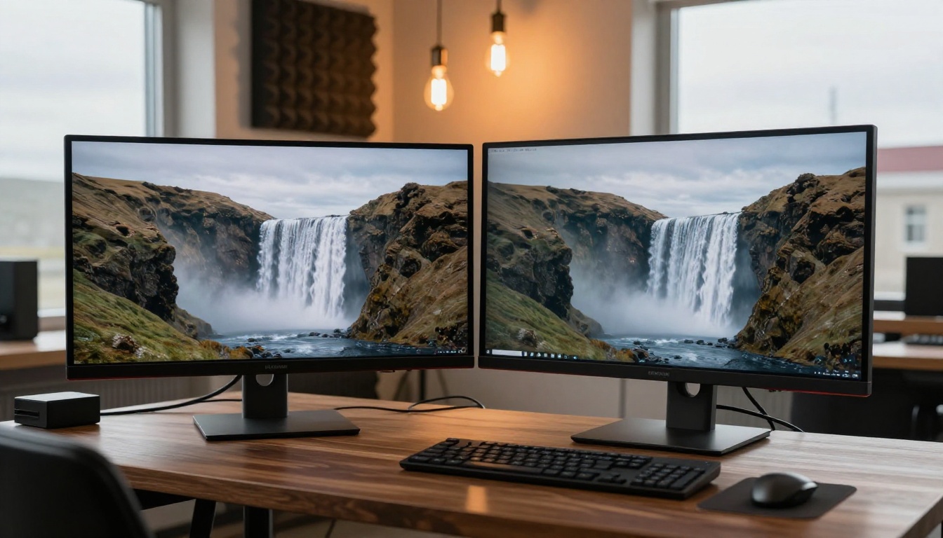 Professional workstation with dual monitors showing side-by-side AI-generated image comparisons