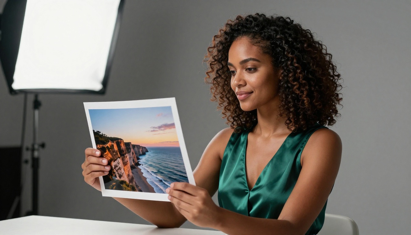 Woman in a photography studio holding a large-format printed AI-generated coastal scene at arm's length
