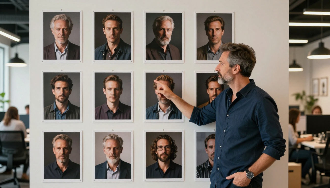 Creative professional pointing at AI-generated portrait photographs arranged on a lightbox wall in a modern agency