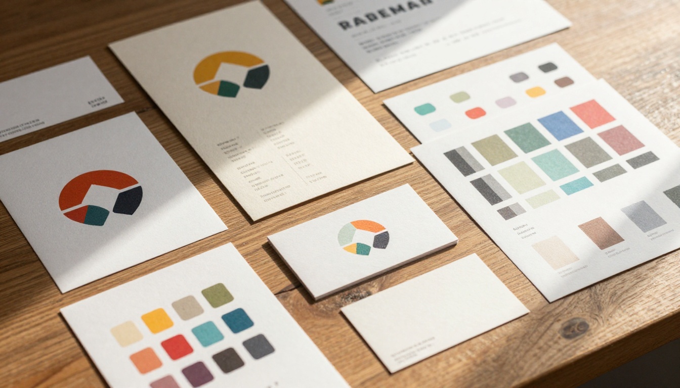 Printed logo mockups and brand identity samples arranged on a wooden desk