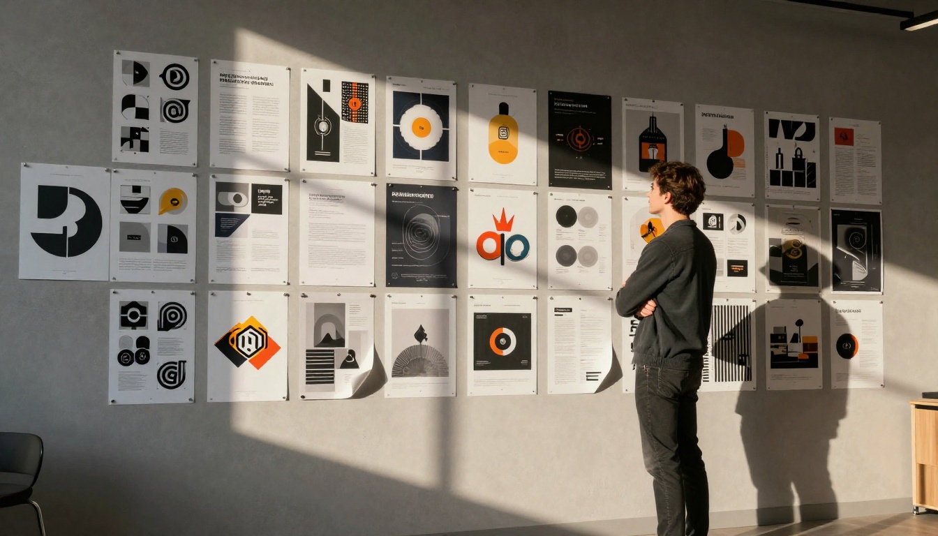 Creative professional studying poster iterations on a studio corkboard wall
