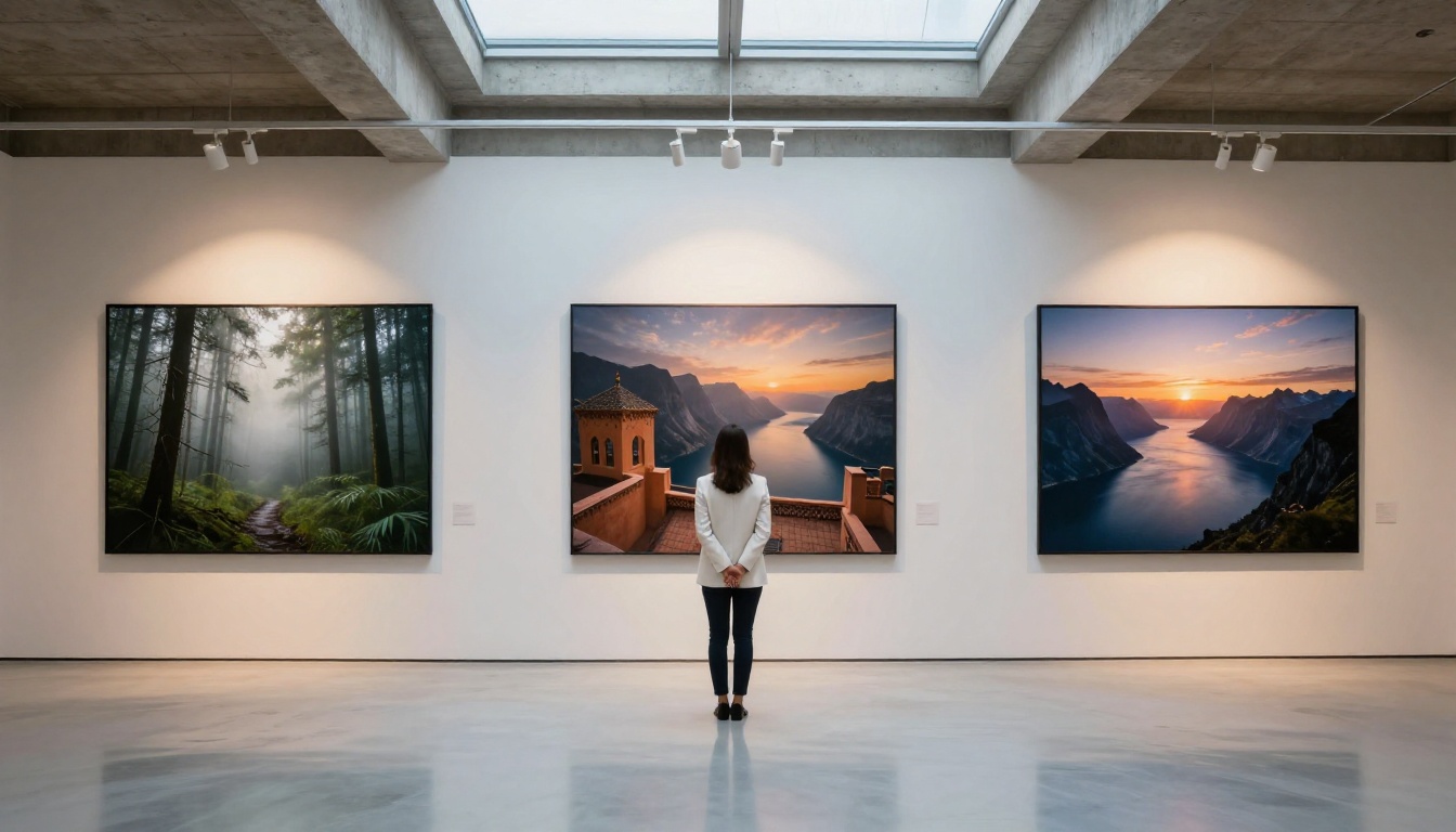 Modern art gallery with three large framed photorealistic AI-generated nature prints on white walls and a woman studying the center piece
