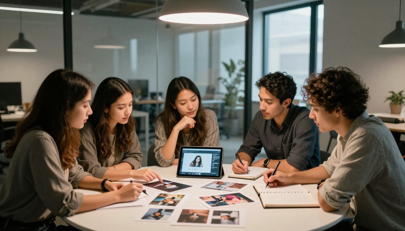 Small creative team gathered around a circular table covered with printed AI-generated image samples in a bright meeting room