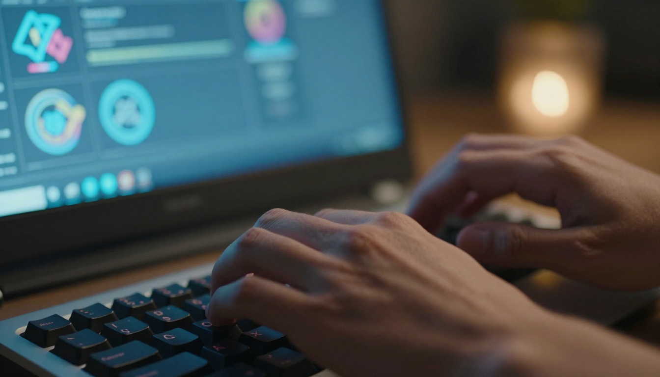 Hands typing on a mechanical keyboard with AI-generated logos visible on screen