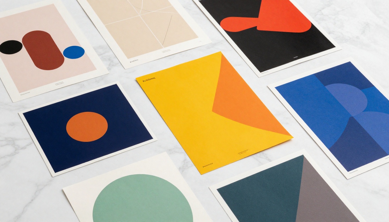 Aerial flat lay of multiple printed poster designs across a white marble surface