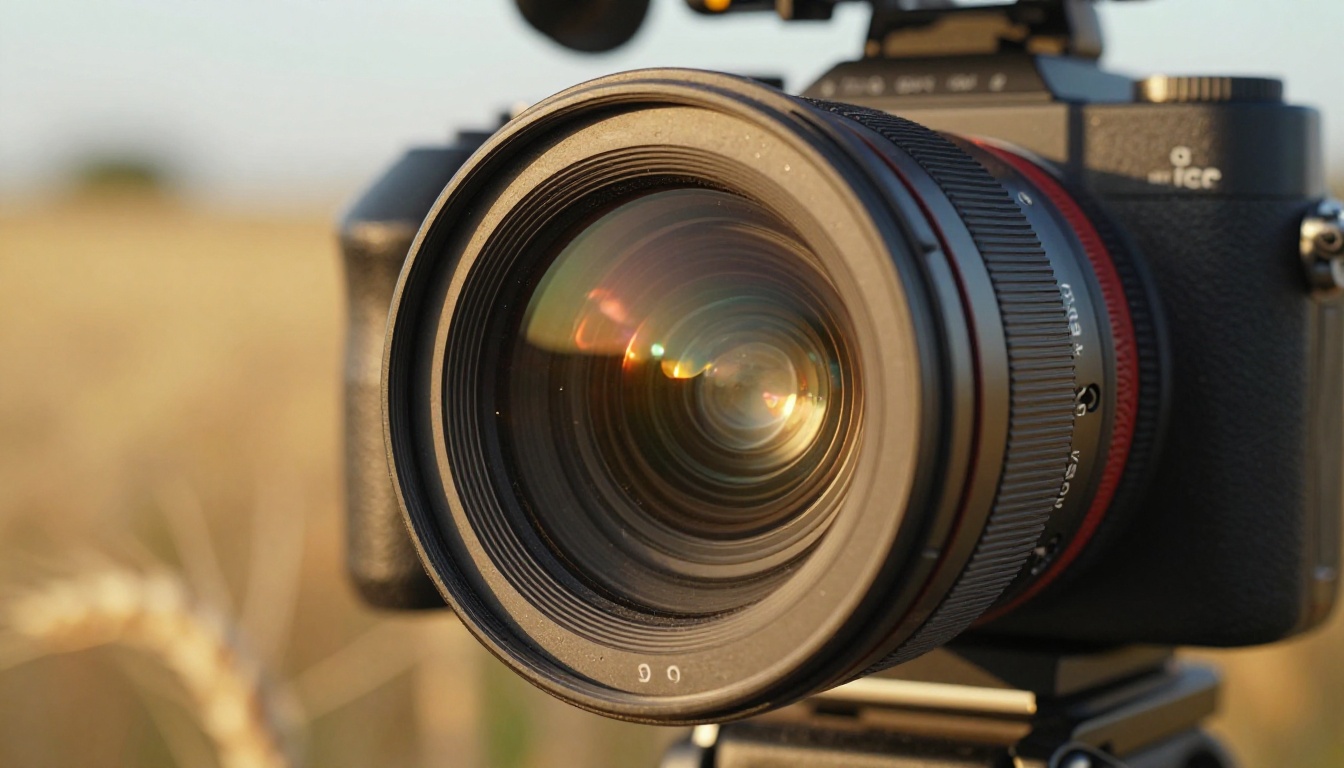 Professional cinema camera lens with golden light bokeh