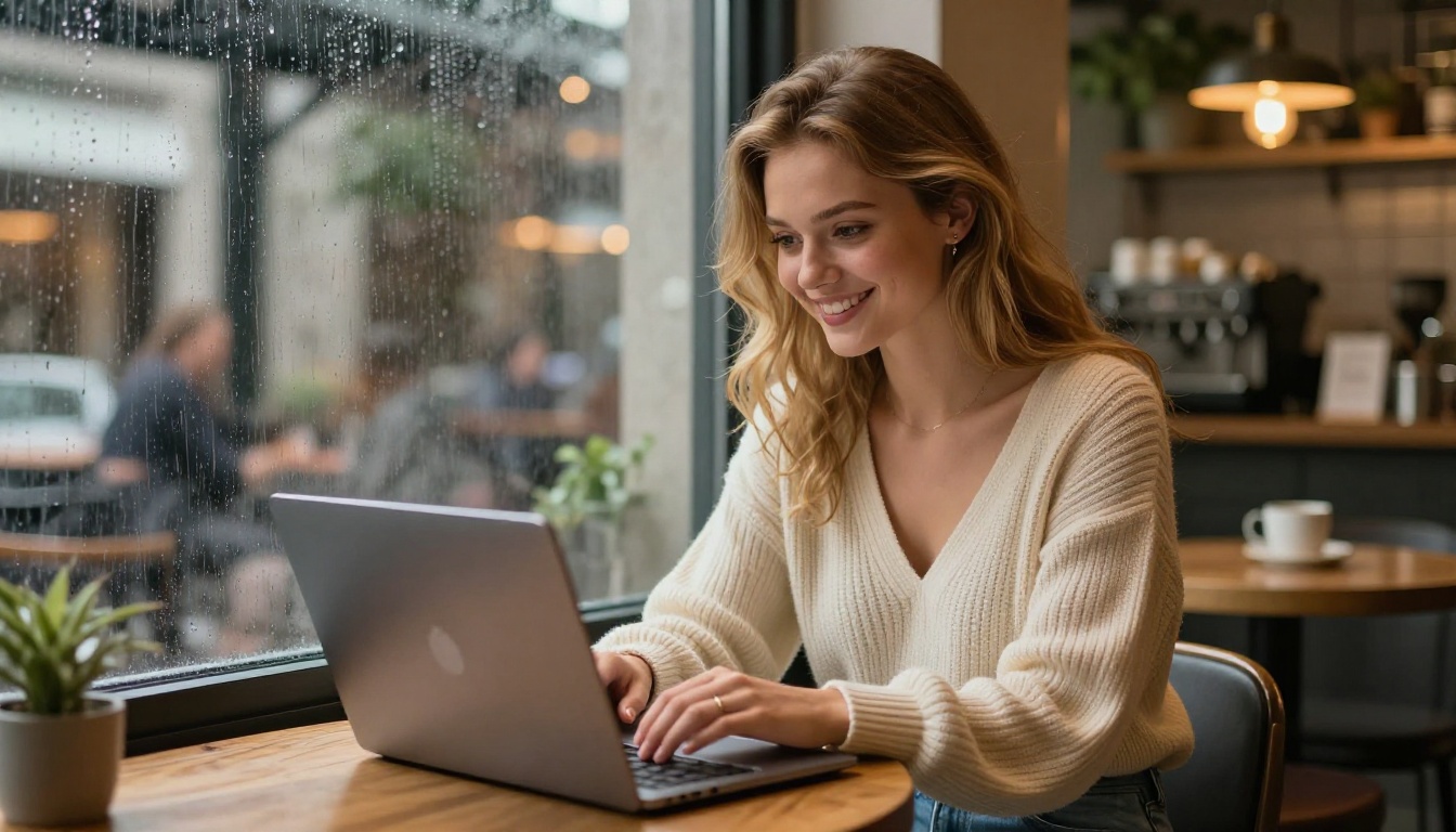 Young woman smiling at her open laptop in a cozy rain-streaked cafe window, warm ambient lighting