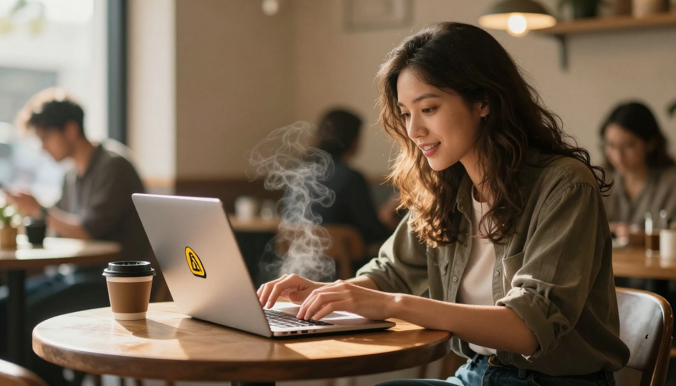 Creative entrepreneur reviewing AI logo options on a laptop at a cafe