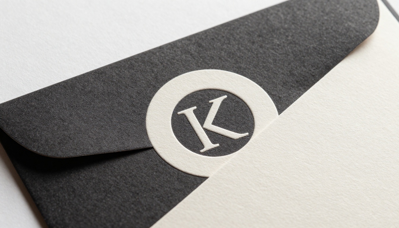 Close-up of a printed branding package with logo on letterhead and business cards
