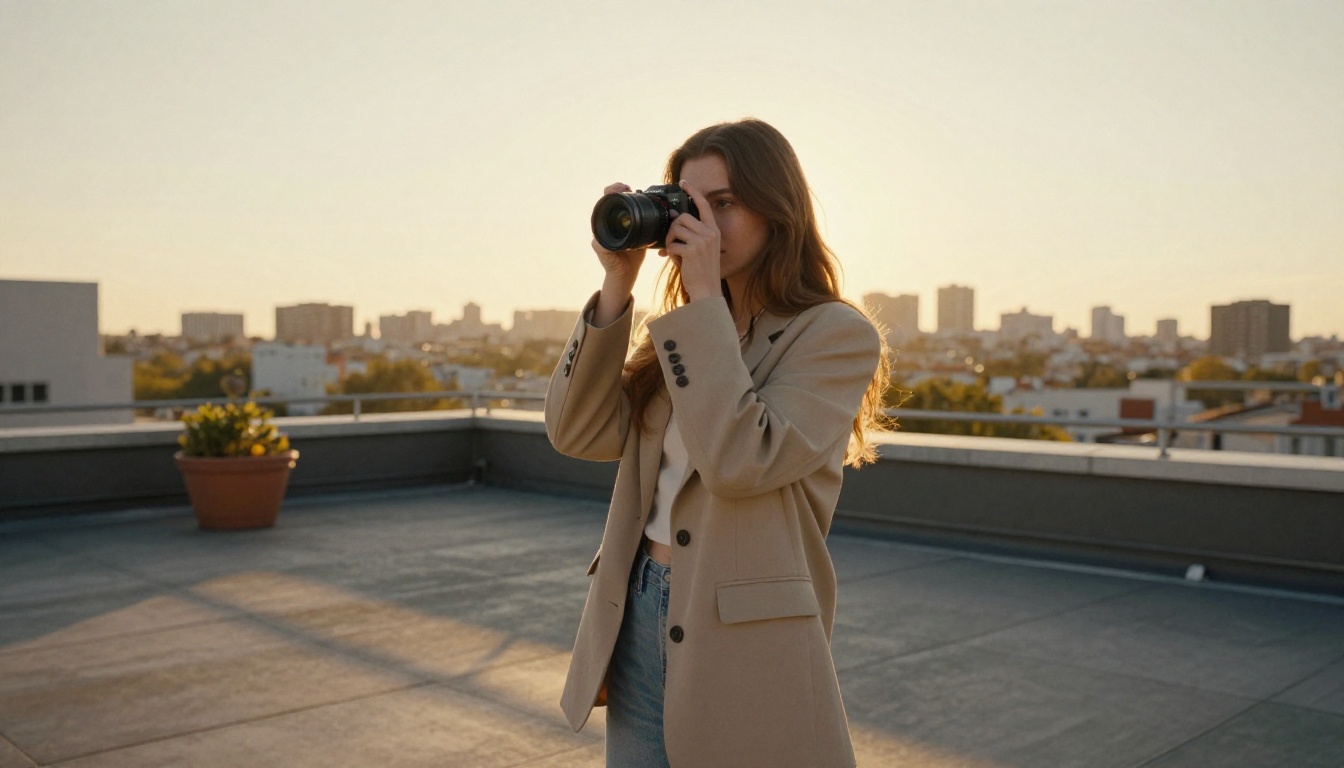 Content creator filming on rooftop at golden hour