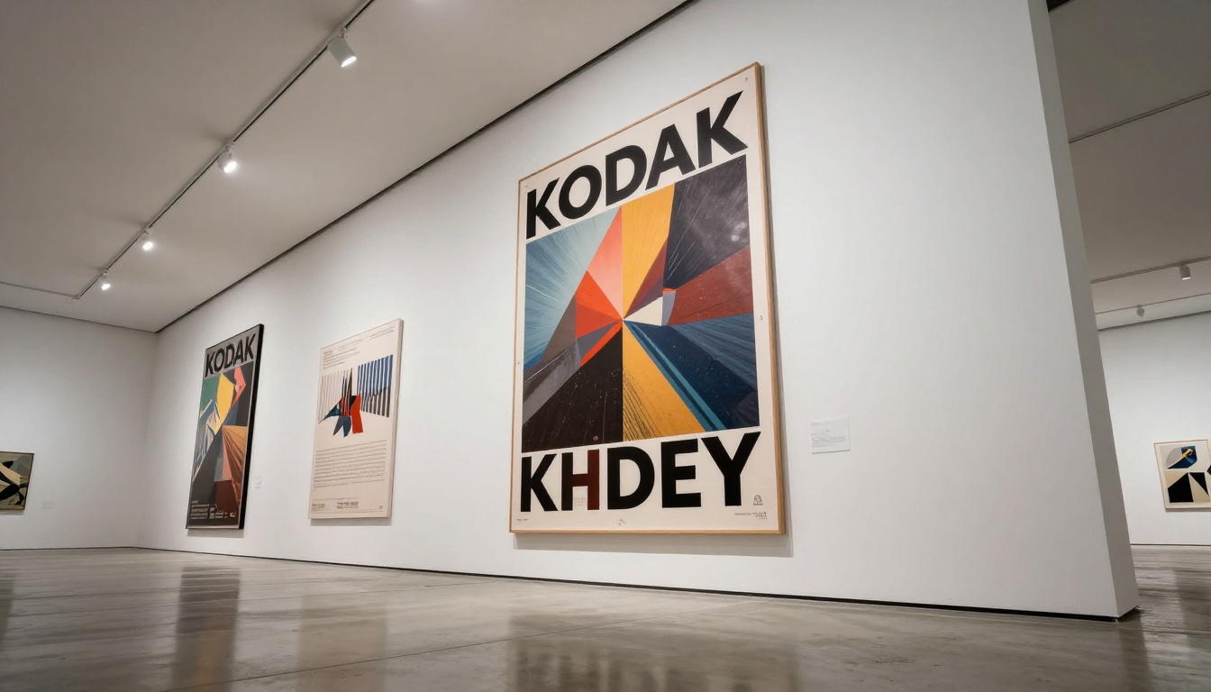 Large format poster on a gallery white wall, shot from a low angle