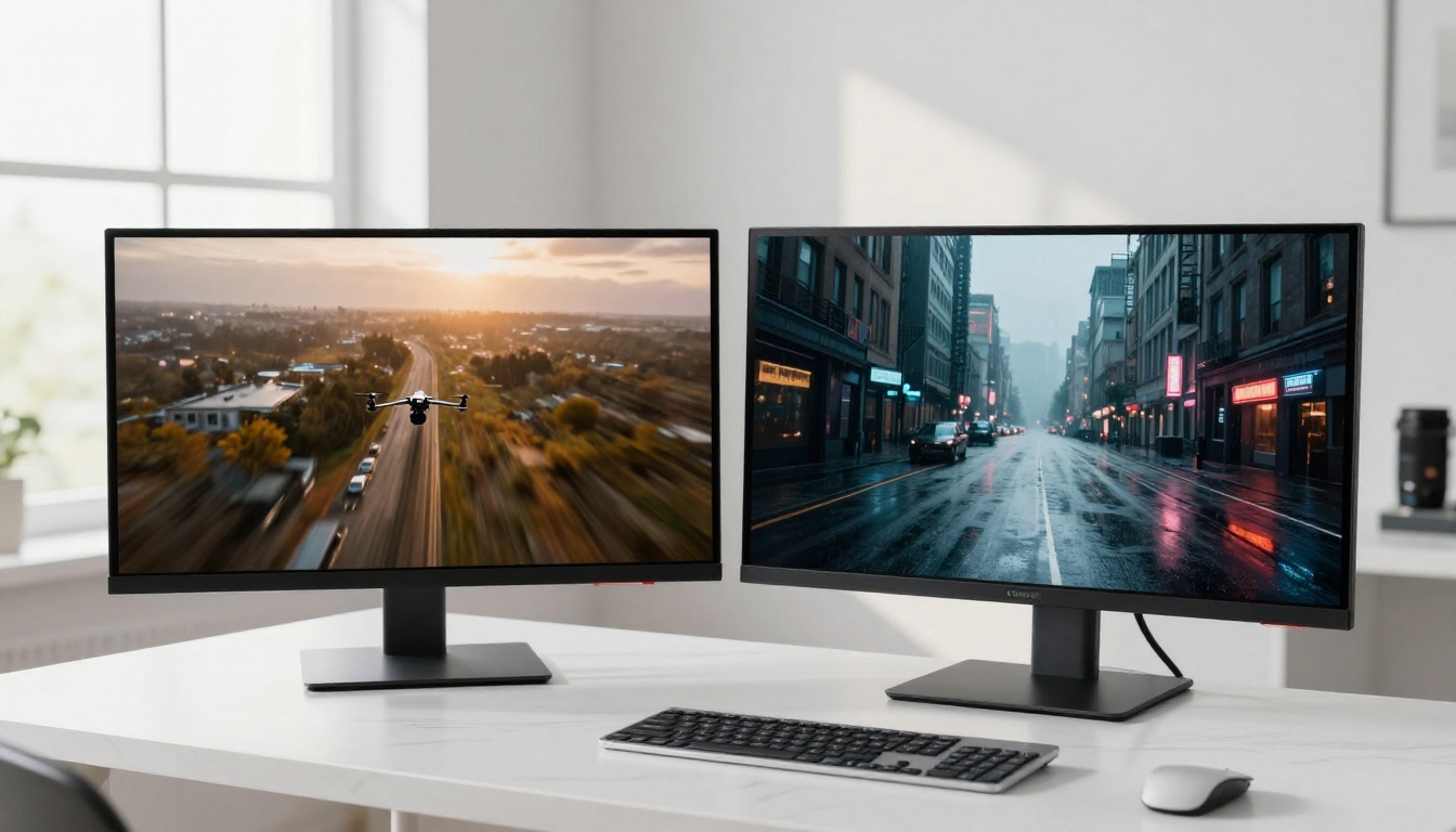 Dual monitors showing side-by-side video comparison