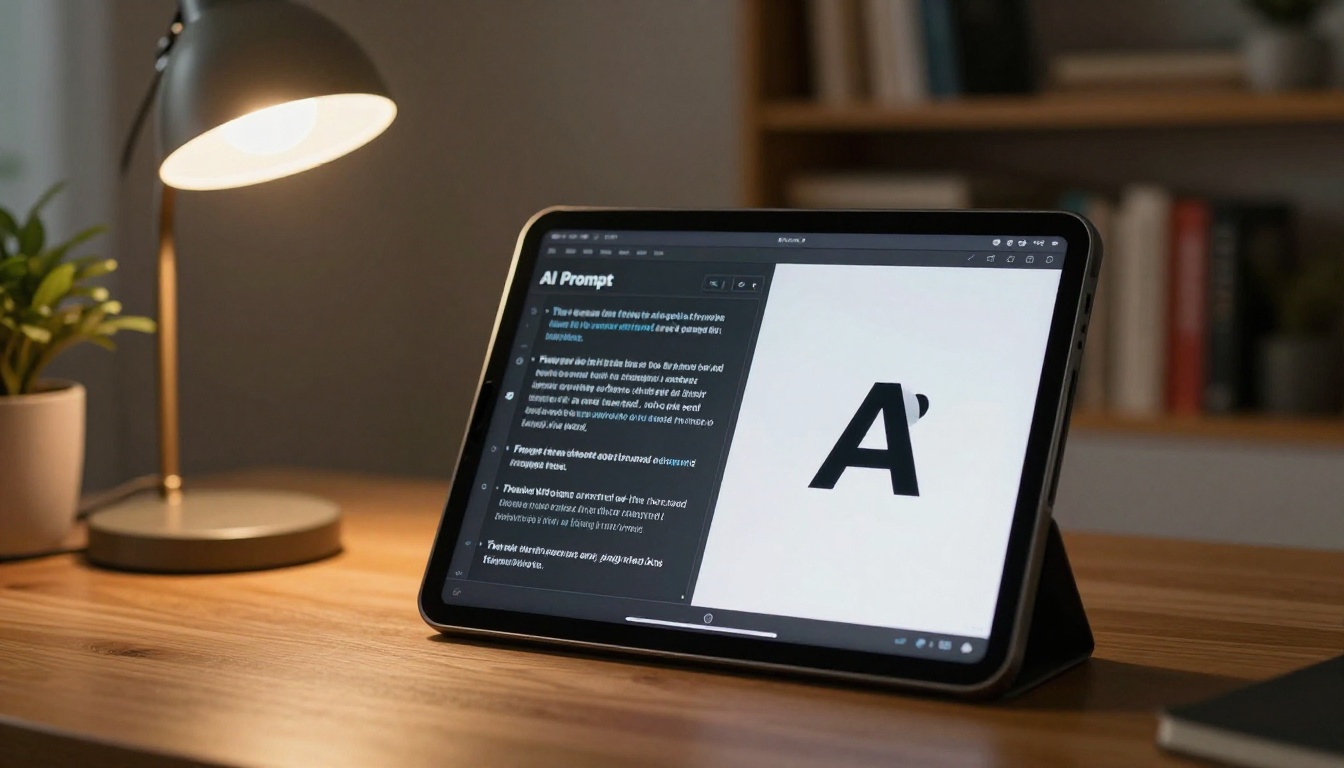 Tablet on a studio desk showing AI prompt input and logo design result side by side