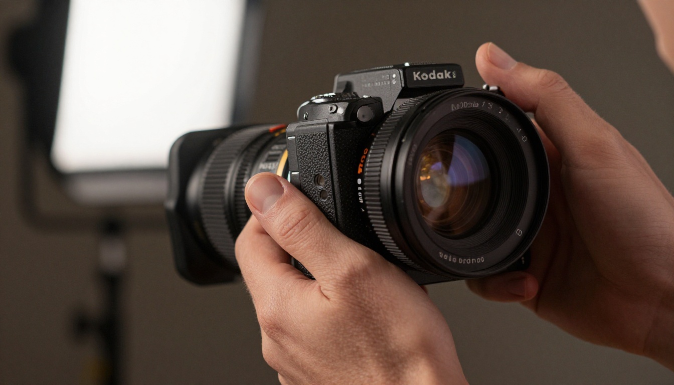 Filmmaker hands gripping a cinema camera with warm tungsten lighting Filmmaker hands gripping a cinema camera with warm tungsten lighting