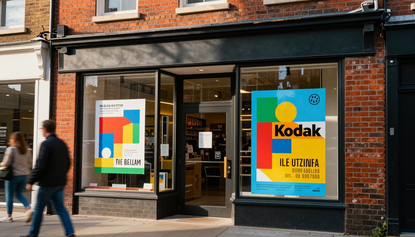 Vibrant small business storefront with freshly printed window poster and new logo signage