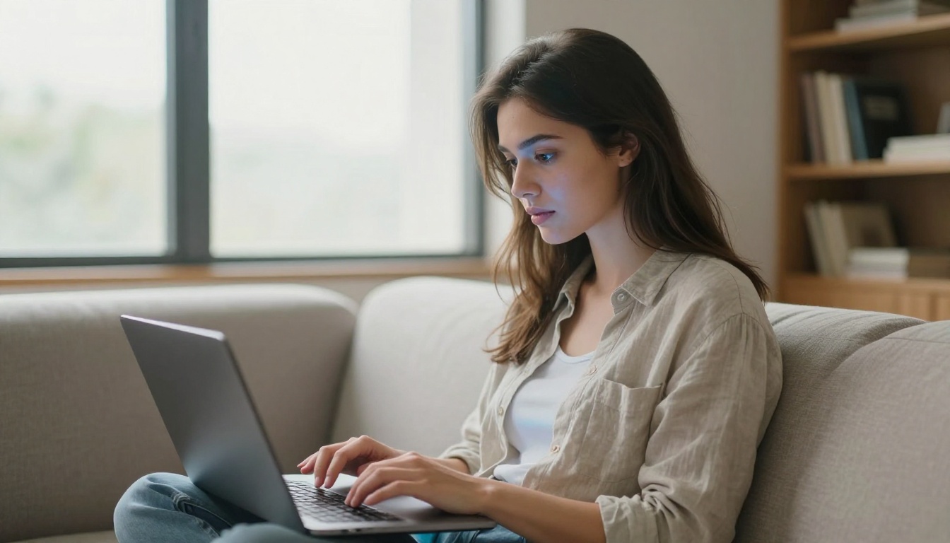 Young woman typing on laptop with natural afternoon window light Young woman typing on laptop with natural afternoon window light