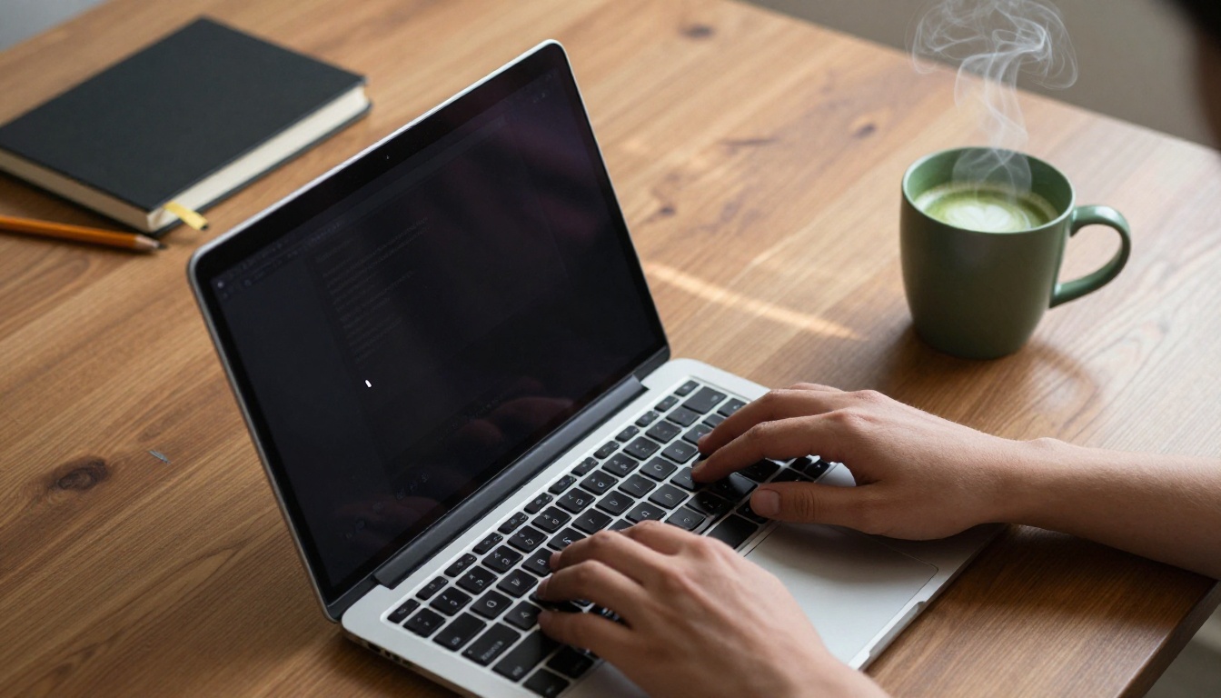Close-up of hands typing a creative prompt on laptop