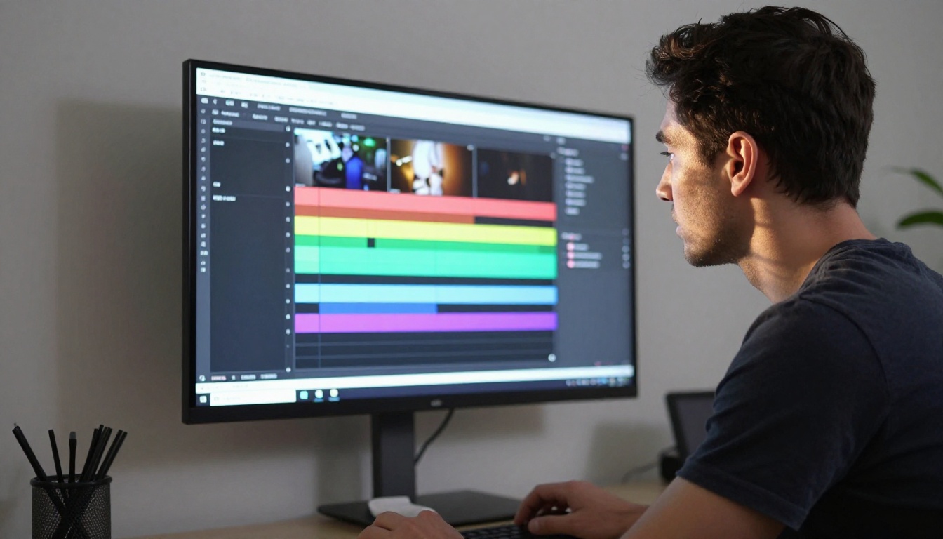 Creative director reviewing video footage on a large studio monitor Creative director reviewing video footage on a large studio monitor