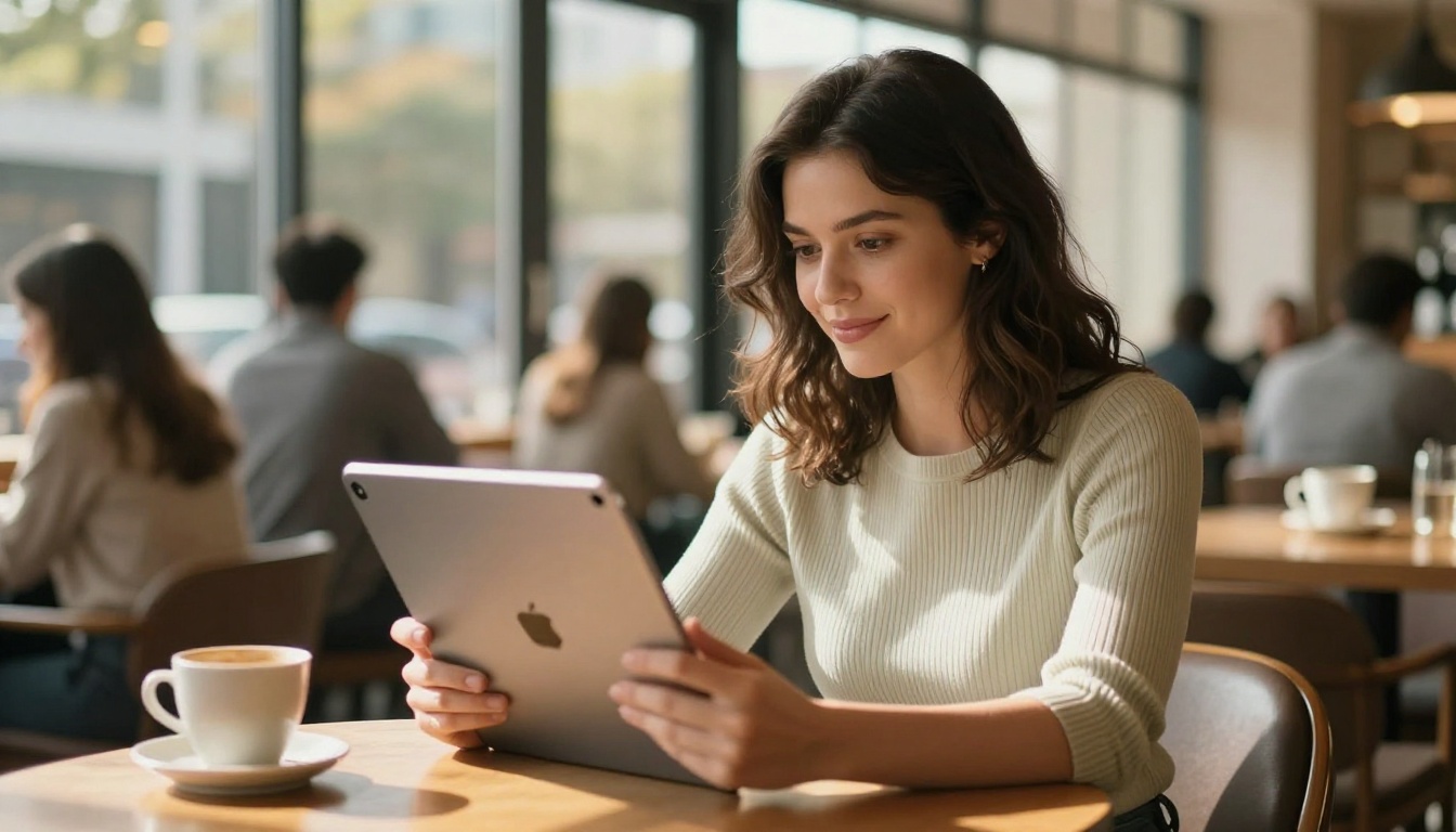 Woman reviewing video footage on tablet in sunlit coffee shop