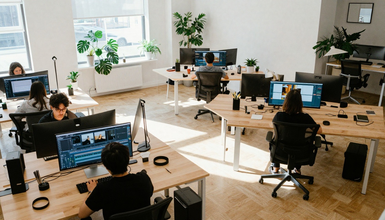 Aerial overhead view of a modern creative studio workspace Aerial overhead view of a modern creative studio workspace