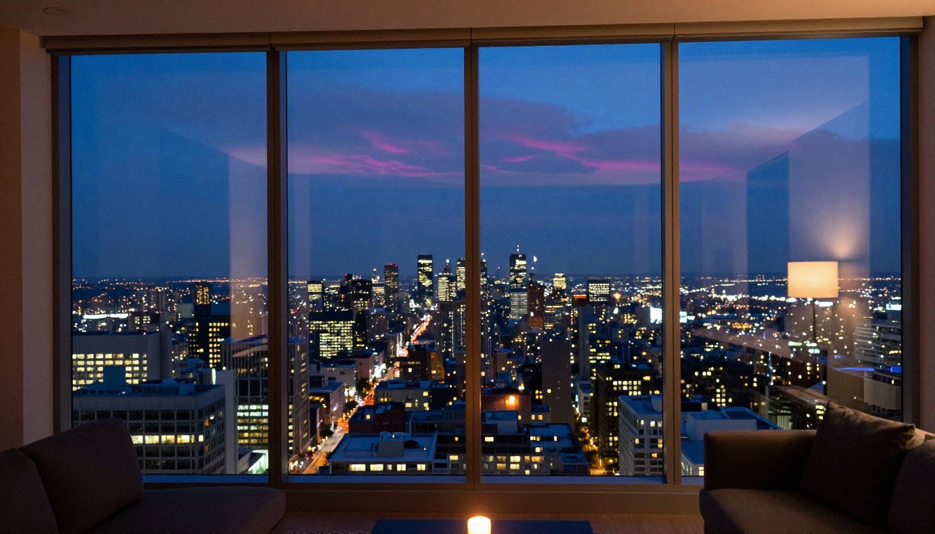 City skyline at blue hour viewed through glass window
